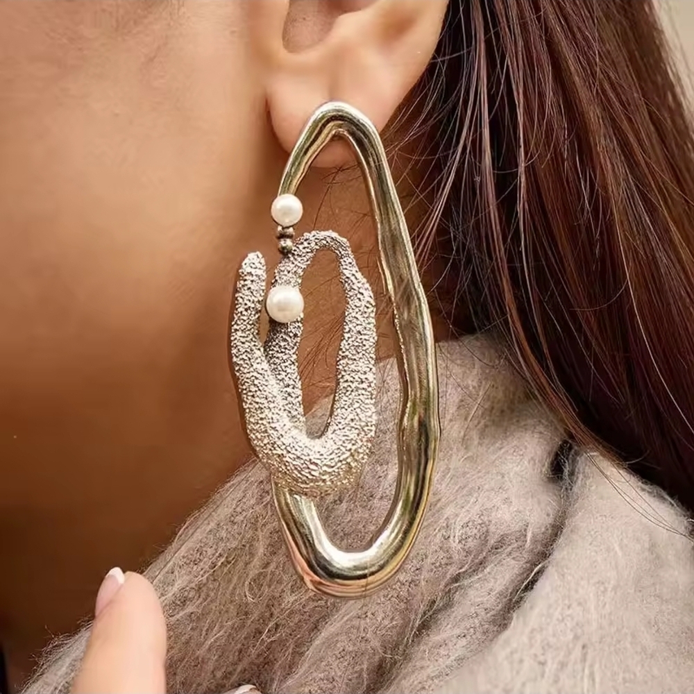Silver Textured Loop Earrings with Pearl Accents